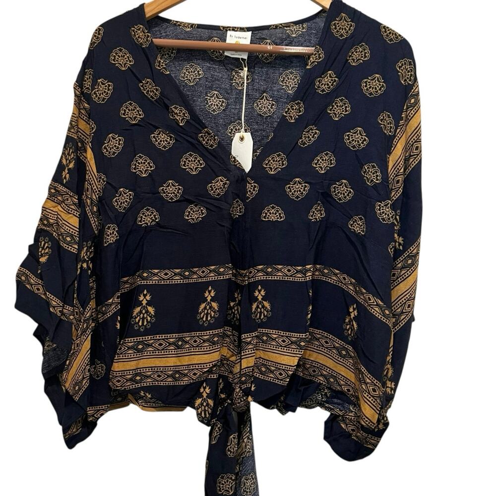 BY TOGETHER Boho Navy Blue Gold Front Tie Top Medium Boho V Neck Geometric NWT